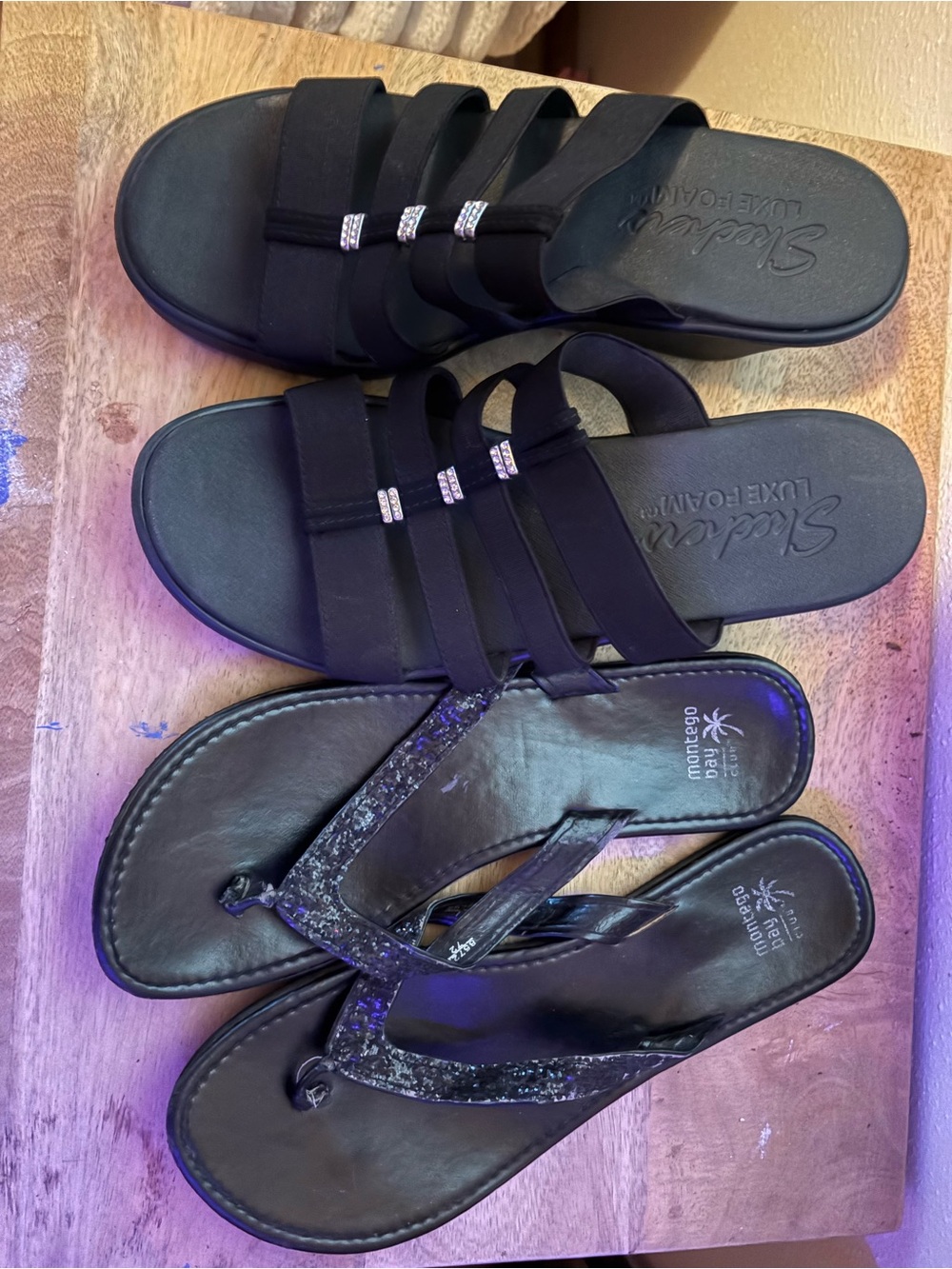 Skechers Black Multi-Strap Luxe Foam Slide Sandals with Rhinestone Accents